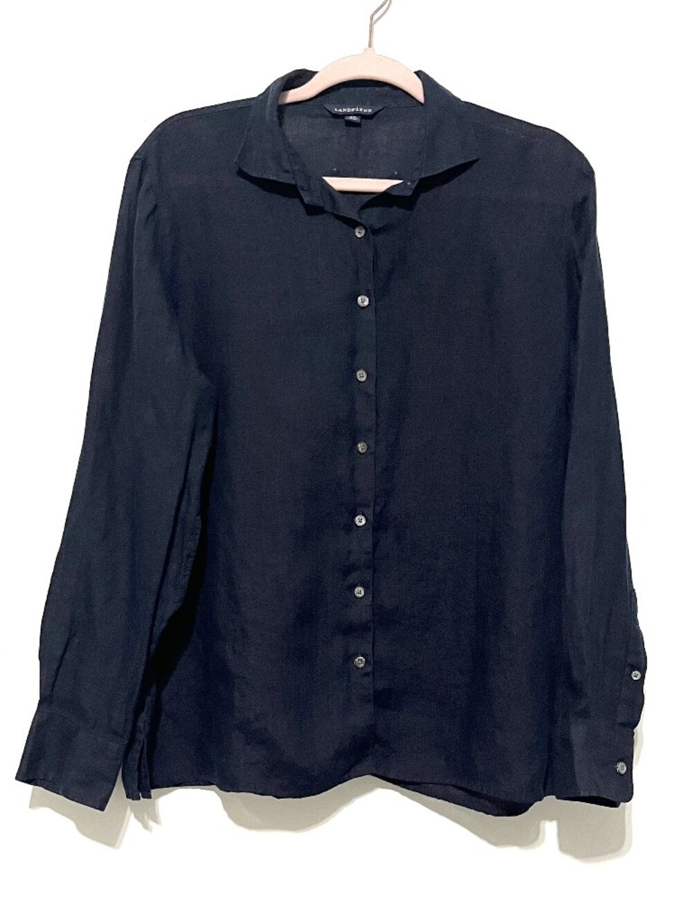 Lands End Womens Linen Button Up Shirt M Navy Coastal Minimalist Lagom Capsule